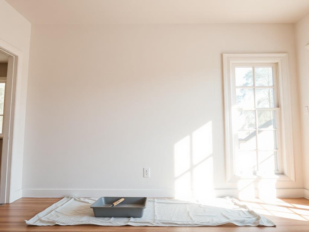 Smooth patched and painted drywall wall with taping tools on a drop cloth