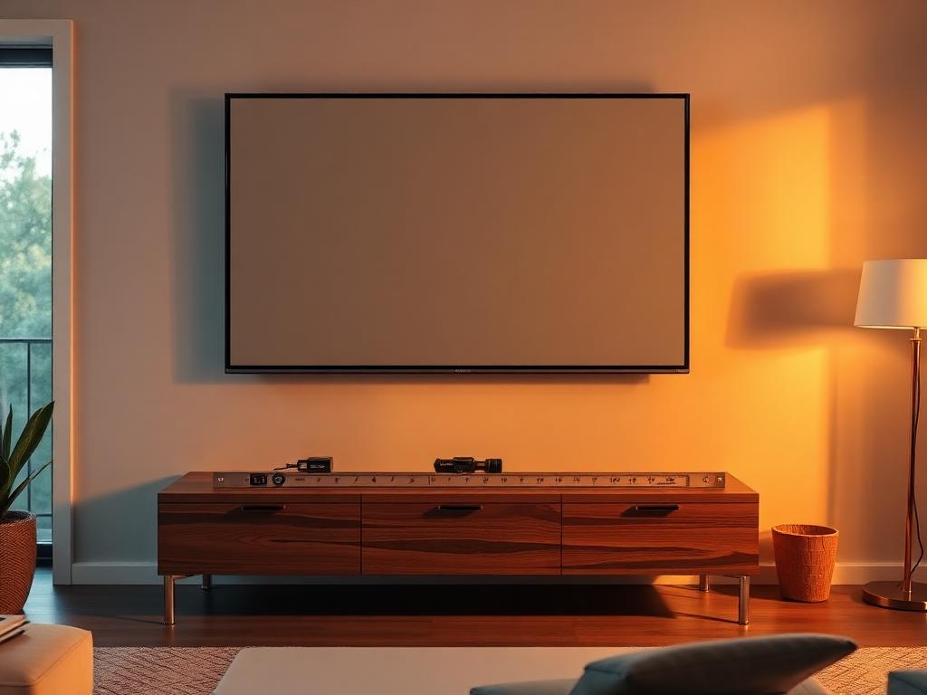 Flat screen TV mounted level on a living room wall with cables hidden
