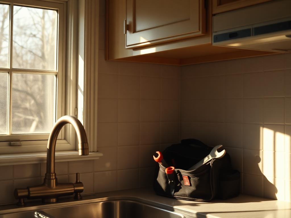 Repaired kitchen faucet and realigned cabinet with hand tools on the counter