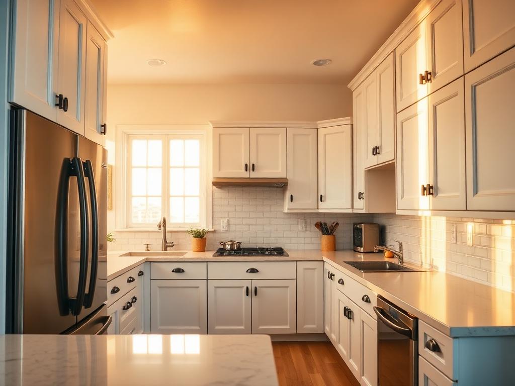 After: Kitchen cabinets refinished & re-hung