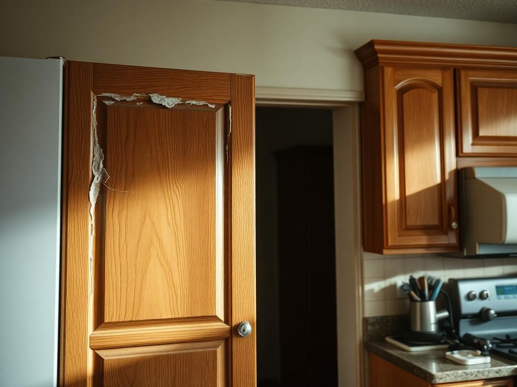 Before: Kitchen cabinets refinished & re-hung