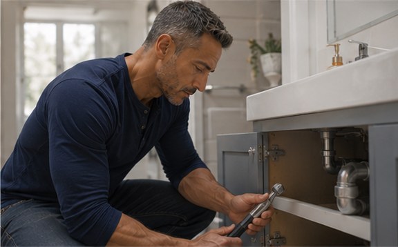The Handy Greek working under a bathroom vanity in West Palm Beach